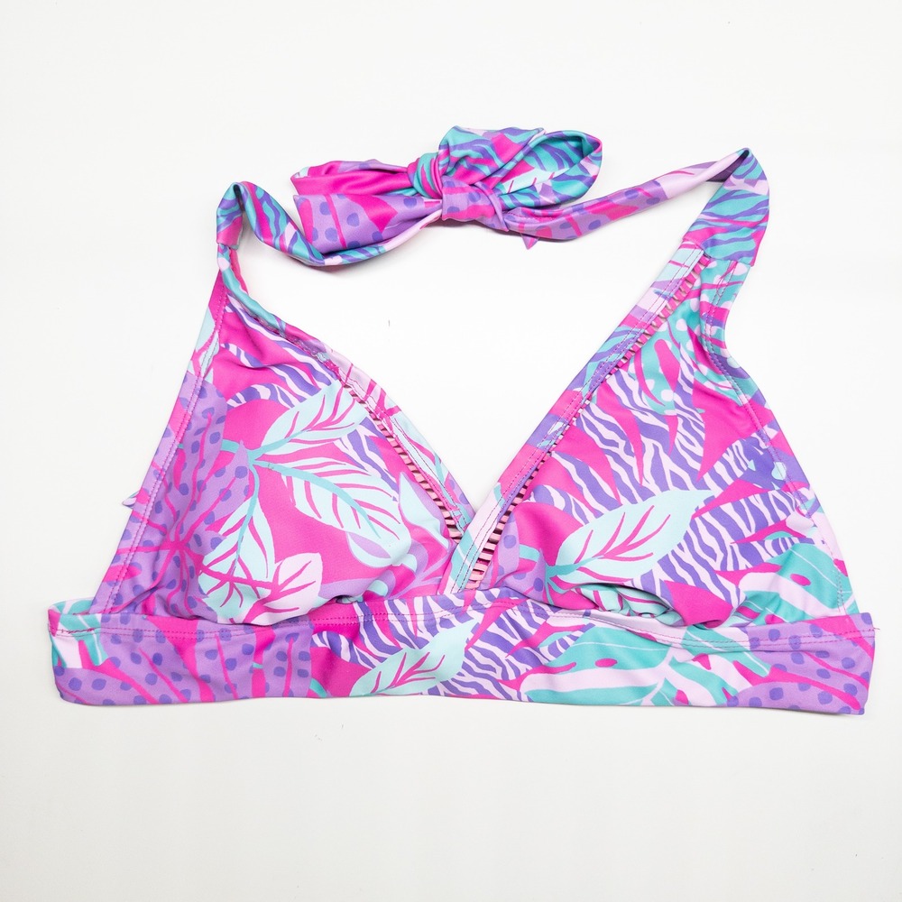 Sol Borne Womens Bikini Top Small Pink Tropical Leaf Zebra Print Halter Tie Back